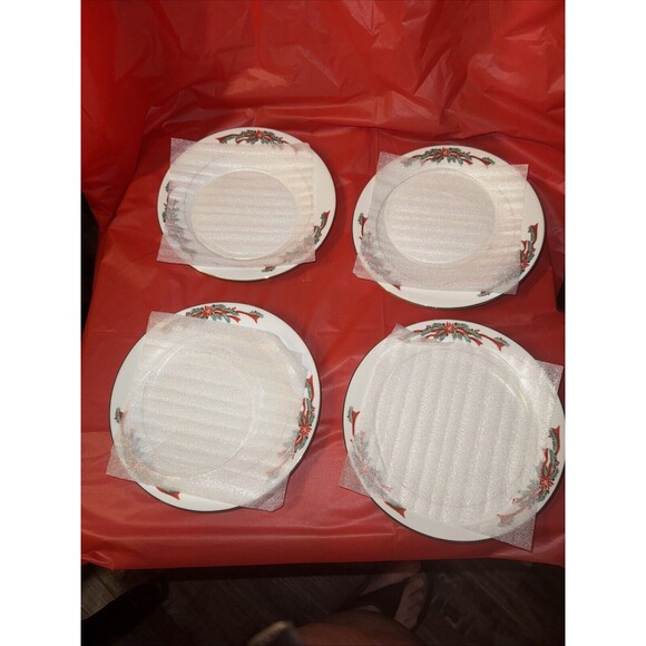 (4) Tienshan Poinsettia and Red Ribbons Dessert Plate 7.5” Christmas Fine China - Picture 5 of 6